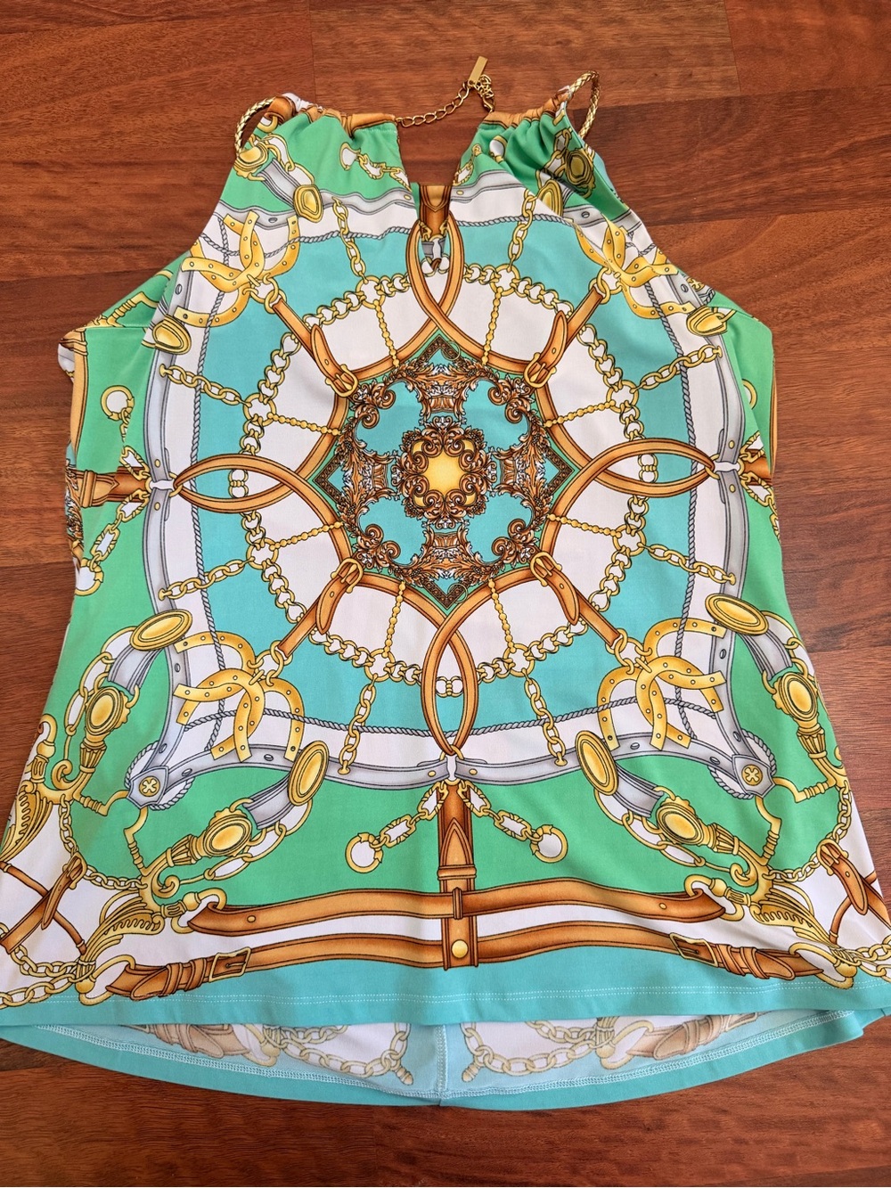 Cache Aqua, Mint & White Halter Camisole with Gold Chain Print XL - Picture 2 of 3